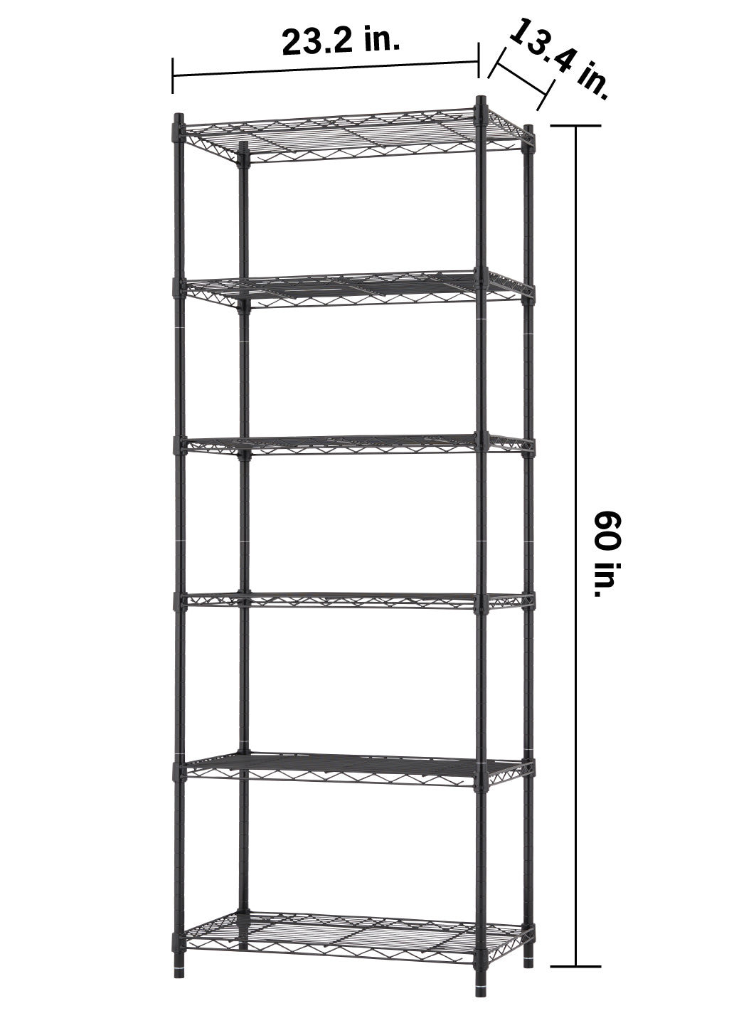 A tall, six-tier black wire shelving unit is shown against a plain white background. Dimension lines indicate that the shelf measures 23.2 inches wide, 13.4 inches deep, and 60 inches tall.