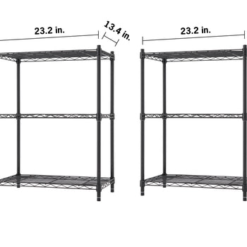 Two identical three-tier black wire shelving units are displayed side-by-side against a plain white background. Black dimension lines indicate that each unit measures 23.2 inches wide, 13.4 inches deep, and 30 inches tall