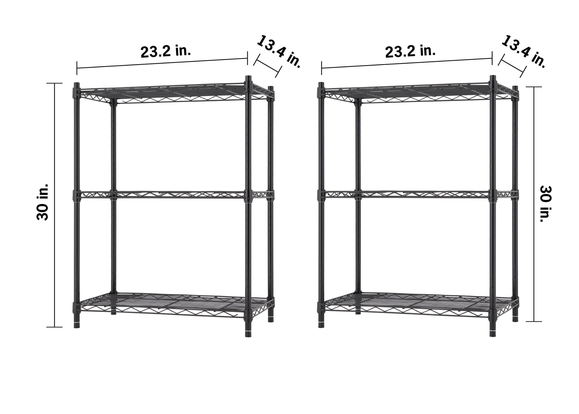 Two identical three-tier black wire shelving units are displayed side-by-side against a plain white background. Black dimension lines indicate that each unit measures 23.2 inches wide, 13.4 inches deep, and 30 inches tall