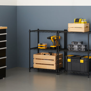 A four-shelf black wire shelving unit is shown against a gray wall, holding various tools and storage containers. On the shelves are two natural wood crates, a yellow and black cordless drill, several clear and yellow parts organizers, and a large black and yellow toolbox.