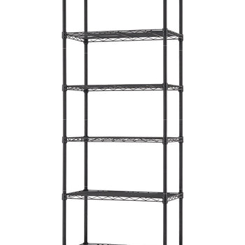 A tall, six-shelf, black wire shelving unit is shown against a white background. This freestanding metal shelf is a common storage solution for garages, kitchens, or pantries.