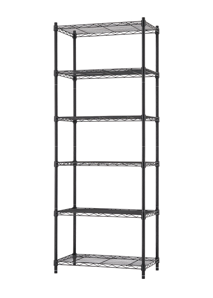 A tall, six-shelf, black wire shelving unit is shown against a white background. This freestanding metal shelf is a common storage solution for garages, kitchens, or pantries.