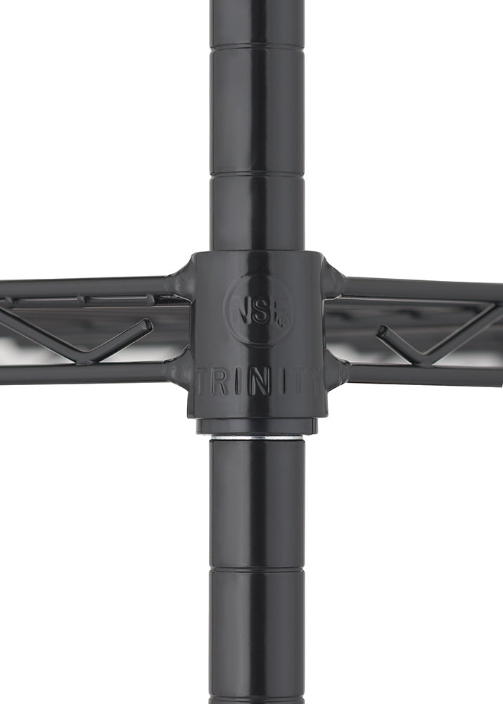 A close-up photograph focuses on the intersection of black wire shelving units and a support pole. A black plastic connector, marked with NSF and TRINITY, fastens the wire shelf to the vertical pole.