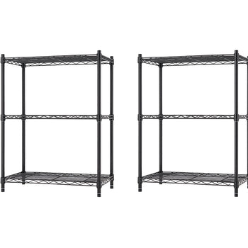 A pair of identical black wire shelving units is shown against a white background. Each unit has three shelves and four support poles, representing a common type of storage rack.