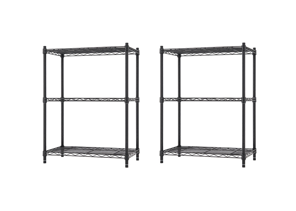 A pair of identical black wire shelving units is shown against a white background. Each unit has three shelves and four support poles, representing a common type of storage rack.