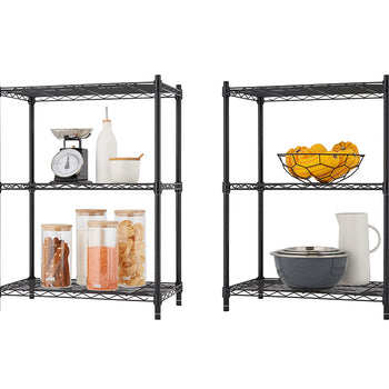 A two-panel image shows two black, three-tier wire shelving units, likely for kitchen or pantry storage, with various items displayed. The left shelf holds a kitchen scale, oil dispenser, canisters of dry goods, and a small sugar bowl, while the right shelf contains a large bowl of gourds and a white pitcher next to a stack of mixing bowls.