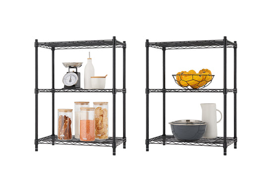A two-panel image shows two black, three-tier wire shelving units, likely for kitchen or pantry storage, with various items displayed. The left shelf holds a kitchen scale, oil dispenser, canisters of dry goods, and a small sugar bowl, while the right shelf contains a large bowl of gourds and a white pitcher next to a stack of mixing bowls.