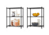 A two-panel image shows two black, three-tier wire shelving units, likely for kitchen or pantry storage, with various items displayed. The left shelf holds a kitchen scale, oil dispenser, canisters of dry goods, and a small sugar bowl, while the right shelf contains a large bowl of gourds and a white pitcher next to a stack of mixing bowls.