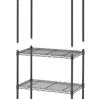 A partially assembled, two-shelf, black wire shelving unit is shown. The image features the main two-shelf unit with four short upper poles detached and resting above it, ready to be screwed in to extend the height.
