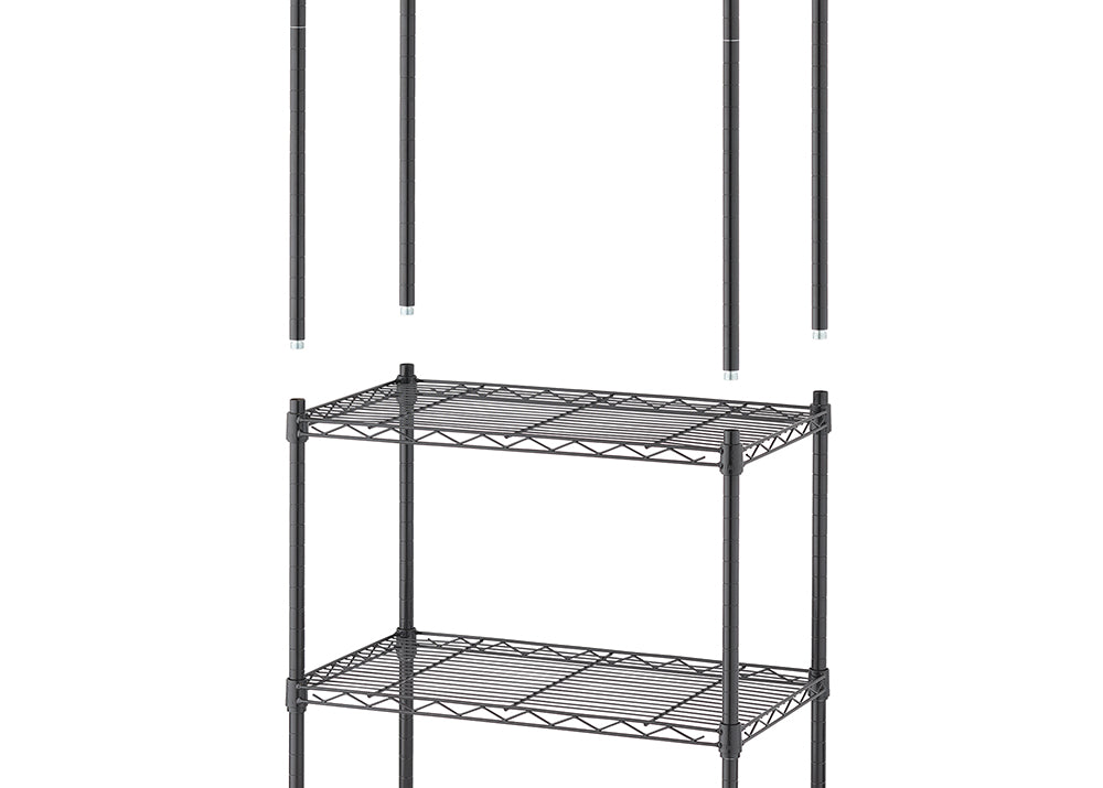 A partially assembled, two-shelf, black wire shelving unit is shown. The image features the main two-shelf unit with four short upper poles detached and resting above it, ready to be screwed in to extend the height.