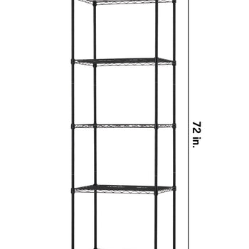 A five-tier black wire shelving unit with dimensions labeled as 24 inches wide, 18 inches deep, and 72 inches tall. The storage rack features a slim, vertical design with open-grid shelves supported by four corner posts.