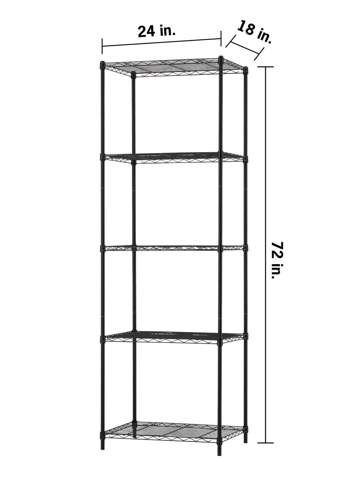 A five-tier black wire shelving unit with dimensions labeled as 24 inches wide, 18 inches deep, and 72 inches tall. The storage rack features a slim, vertical design with open-grid shelves supported by four corner posts.