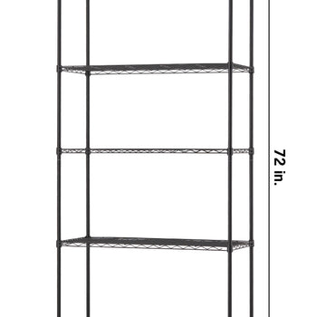 A five-tier black wire shelving unit with dimensions labeled as 36 inches wide, 16 inches deep, and 72 inches tall. Each level consists of a mesh wire shelf supported by four vertical poles with adjustable height notches.