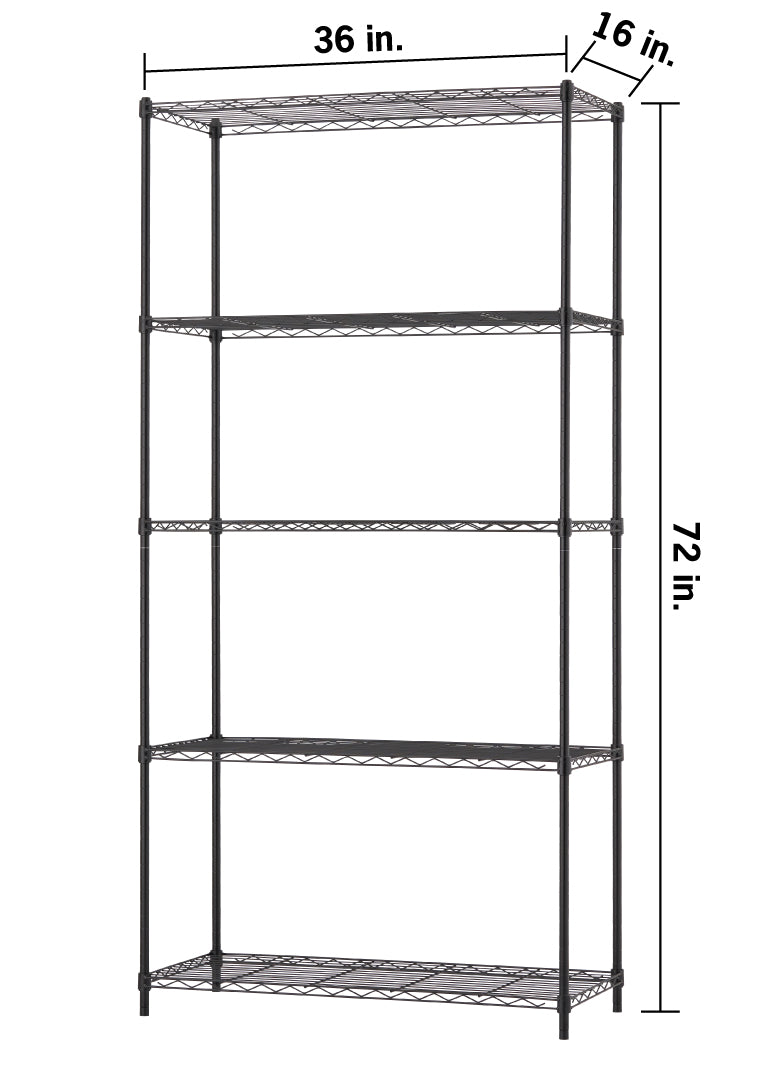 A five-tier black wire shelving unit with dimensions labeled as 36 inches wide, 16 inches deep, and 72 inches tall. Each level consists of a mesh wire shelf supported by four vertical poles with adjustable height notches.
