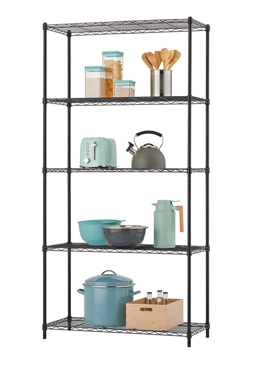 A tall, black wire shelving unit is organized with various kitchen items and small appliances. The five shelves hold items like food storage containers, wooden utensils, a mint green toaster, a dark green kettle, mixing bowls, a carafe, a large cooking pot, and a wooden crate with bottles.