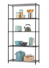 A tall, black wire shelving unit is organized with various kitchen items and small appliances. The five shelves hold items like food storage containers, wooden utensils, a mint green toaster, a dark green kettle, mixing bowls, a carafe, a large cooking pot, and a wooden crate with bottles.