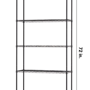 A five-shelf black wire shelving unit stands 72 inches tall against a white background. It measures 36 inches wide and 14 inches deep.