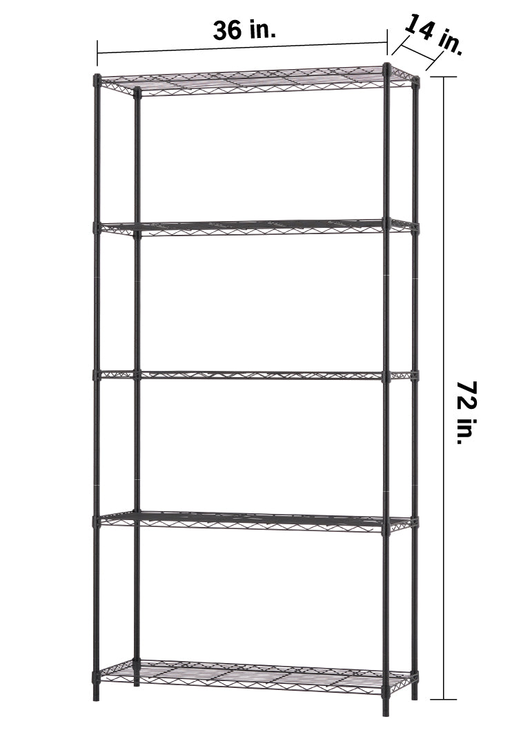A five-shelf black wire shelving unit stands 72 inches tall against a white background. It measures 36 inches wide and 14 inches deep.