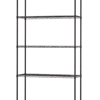 A free-standing, black five-shelf wire storage rack is shown against a plain white background. The adjustable wire shelves are all empty, showcasing the grid pattern of each level and the four supporting poles.