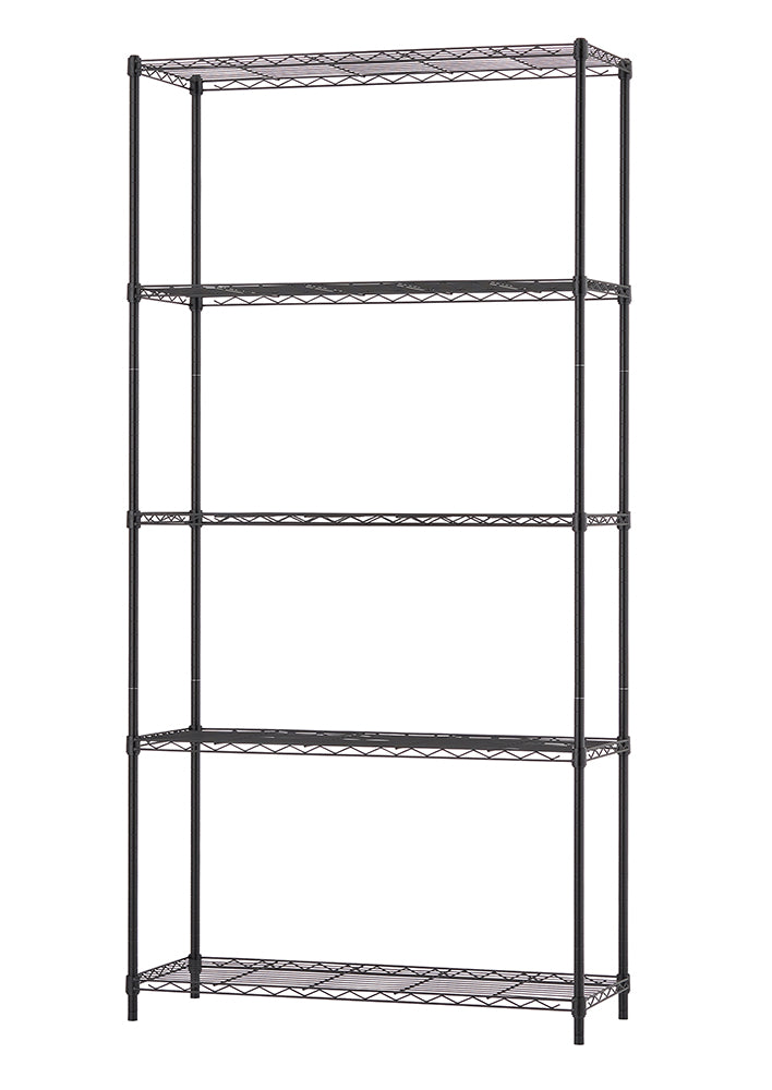 A free-standing, black five-shelf wire storage rack is shown against a plain white background. The adjustable wire shelves are all empty, showcasing the grid pattern of each level and the four supporting poles.