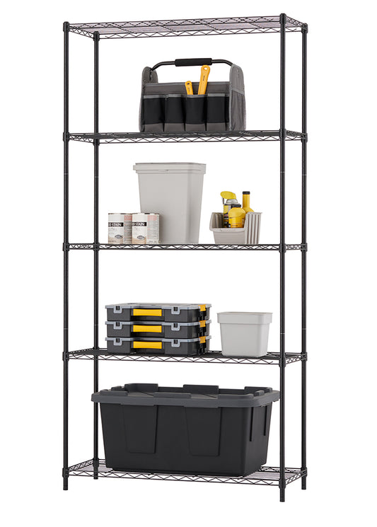 A black wire shelving unit stands against a white background, filled with various workshop and home organization supplies on each of its five shelves. On the bottom is a large black storage tote; above it are three stacked black and yellow tool boxes and a small white plastic container; on the middle shelf sits an open-top fabric tool organizer, three paint cans, and assorted spray cans.