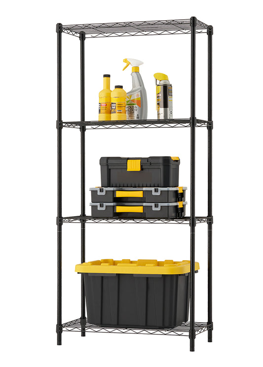 A four-tier black wire shelving unit stands vertically, organized with various cleaning and storage supplies. The shelves hold spray bottles, two stacked tool organizers, and a large black storage bin with a yellow lid at the base.