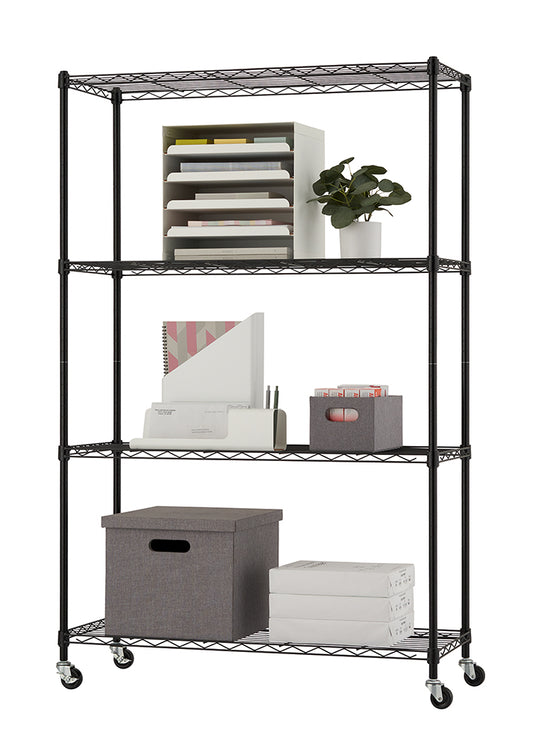A four-tier black wire shelving unit on wheels is organized with various office supplies, including a white paper sorter, a potted plant, and grey storage bins. The items are neatly arranged on the open shelves against a plain white background, showcasing a clean and functional storage solution.