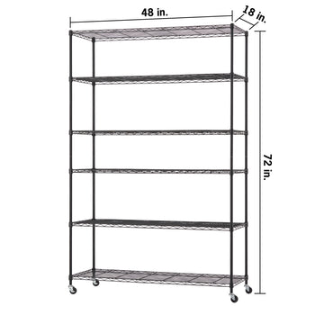 A six-tier black wire shelving unit on wheels with indicated dimensions of 48 inches wide, 18 inches deep, and 72 inches high. The rack features a modular metal construction with adjustable shelves suitable for garage or commercial storage.