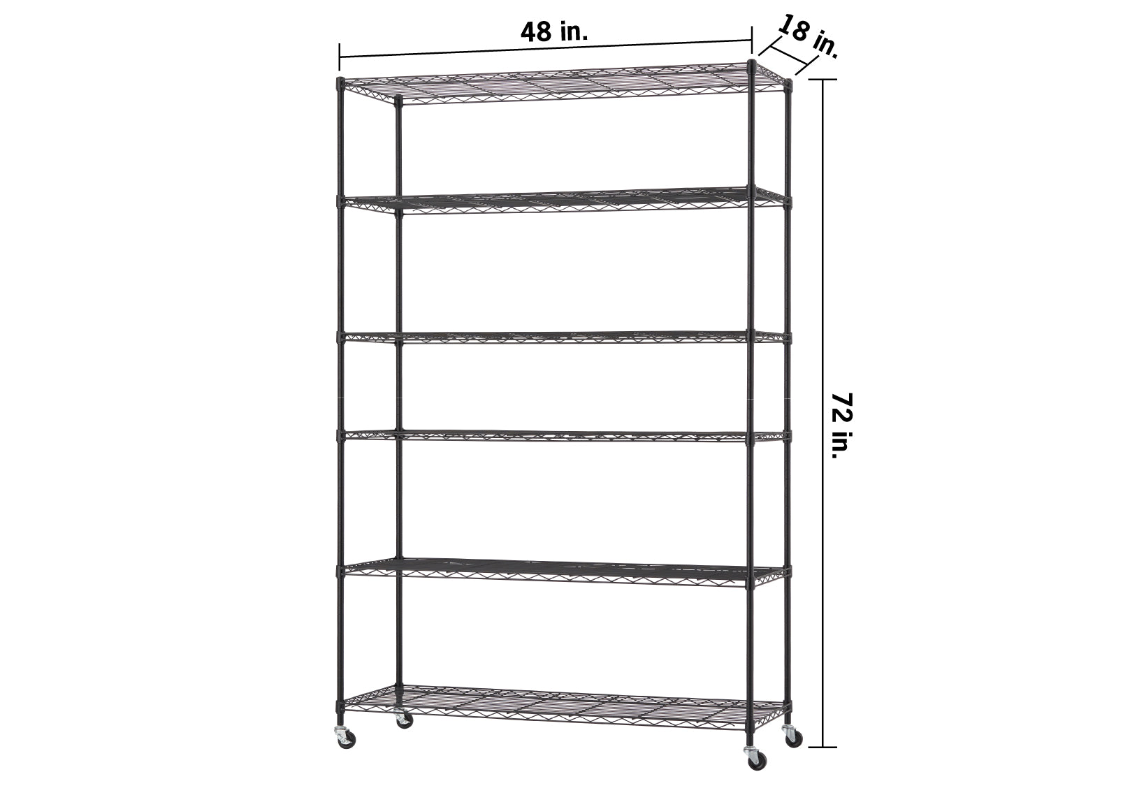 A six-tier black wire shelving unit on wheels with indicated dimensions of 48 inches wide, 18 inches deep, and 72 inches high. The rack features a modular metal construction with adjustable shelves suitable for garage or commercial storage.