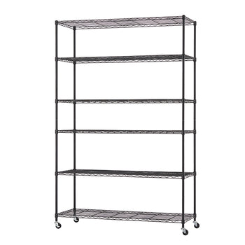 A tall, black metal wire shelving unit is shown, featuring six adjustable shelves and standing on four caster wheels. This commercial or industrial style rack is suitable for storage in a garage, kitchen, or pantry.