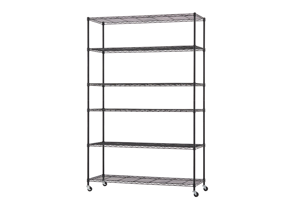 A tall, black metal wire shelving unit is shown, featuring six adjustable shelves and standing on four caster wheels. This commercial or industrial style rack is suitable for storage in a garage, kitchen, or pantry.