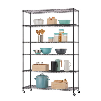 A six-tier, black wire shelving unit on wheels, fully stocked with various kitchen items, including mixing bowls, storage containers, cooking utensils, and a large pot. The shelving provides visible, organized storage for pantry and kitchen essentials.