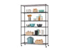 A six-tier, black wire shelving unit on wheels, fully stocked with various kitchen items, including mixing bowls, storage containers, cooking utensils, and a large pot. The shelving provides visible, organized storage for pantry and kitchen essentials.