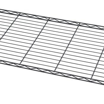 A close-up shot shows a section of a black wire shelving unit, featuring horizontal and vertical grid lines for storage. The wire shelf has a metallic finish and is angled slightly from the bottom left to the top right.