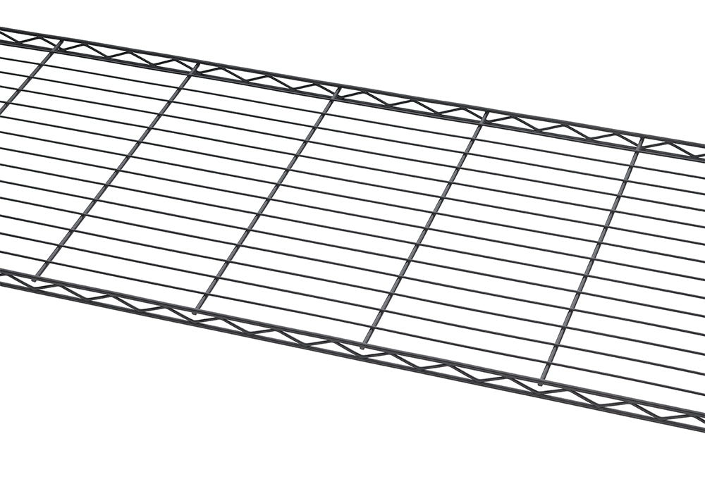 A close-up shot shows a section of a black wire shelving unit, featuring horizontal and vertical grid lines for storage. The wire shelf has a metallic finish and is angled slightly from the bottom left to the top right.