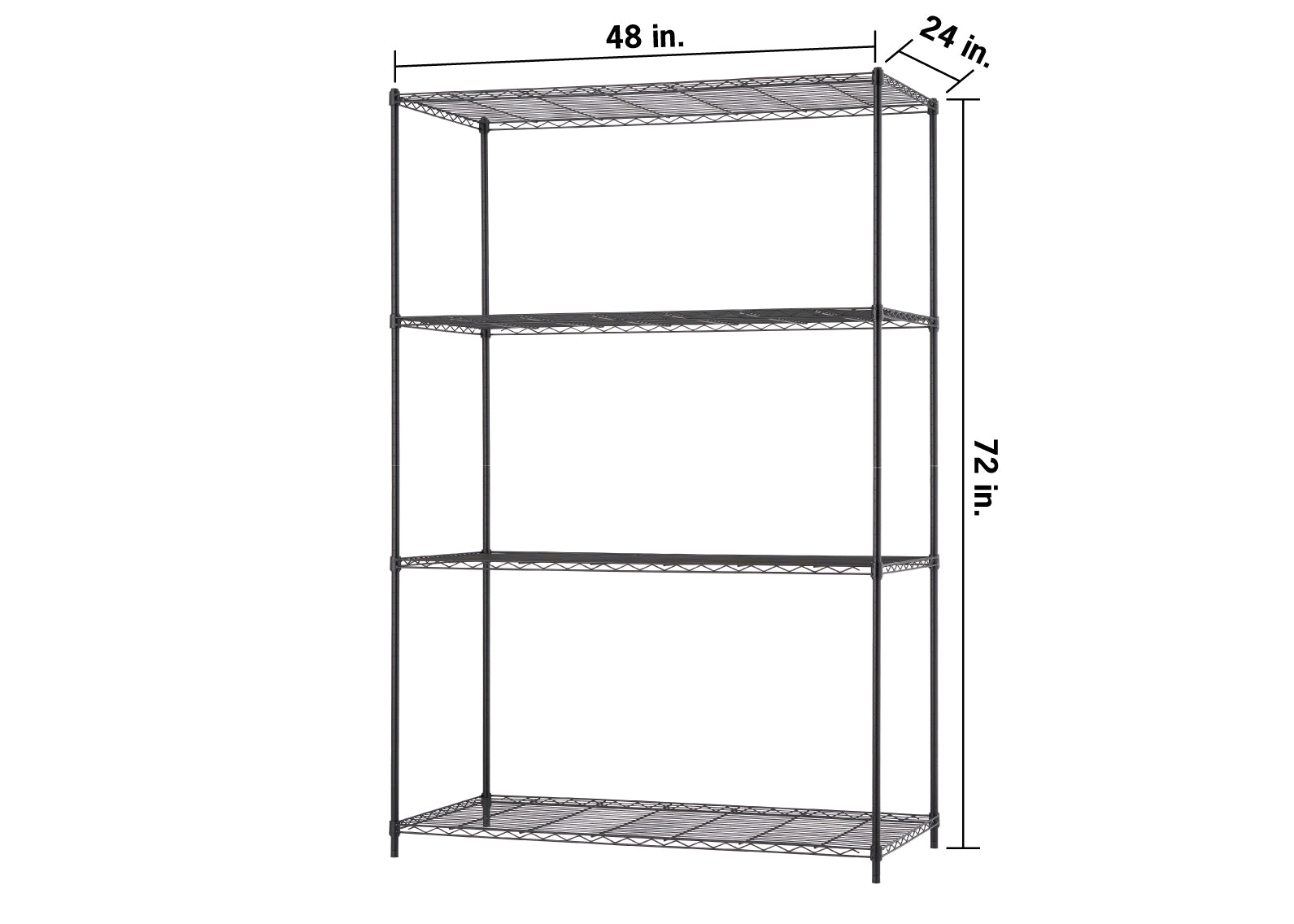A black four-shelf wire storage unit is shown with its dimensions labeled in inches. The shelving unit measures 48 inches wide, 24 inches deep, and 72 inches tall.