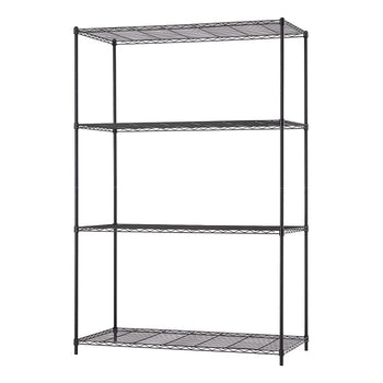 A four-tier, heavy-duty wire shelving unit is shown with a black finish. This adjustable, metal storage rack is designed for organizing items in a garage, pantry, or commercial space.