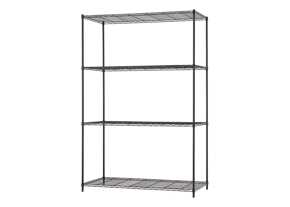 A four-tier, heavy-duty wire shelving unit is shown with a black finish. This adjustable, metal storage rack is designed for organizing items in a garage, pantry, or commercial space.
