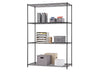 A four-tier black wire shelving unit is pictured, fully assembled and shown holding various office supplies. The shelves are organized with file boxes, magazine files, paper stacks, and storage bins in shades of gray, black, and beige.