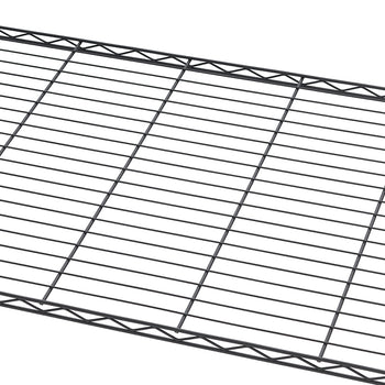 Close-up view of a black, wire-grid shelf segment, likely part of a modular shelving unit. The metal shelf features parallel wires crossed by perpendicular support wires, with a thicker, triangular truss structure along the front and back edges.