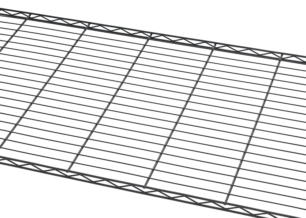 Close-up view of a black, wire-grid shelf segment, likely part of a modular shelving unit. The metal shelf features parallel wires crossed by perpendicular support wires, with a thicker, triangular truss structure along the front and back edges.