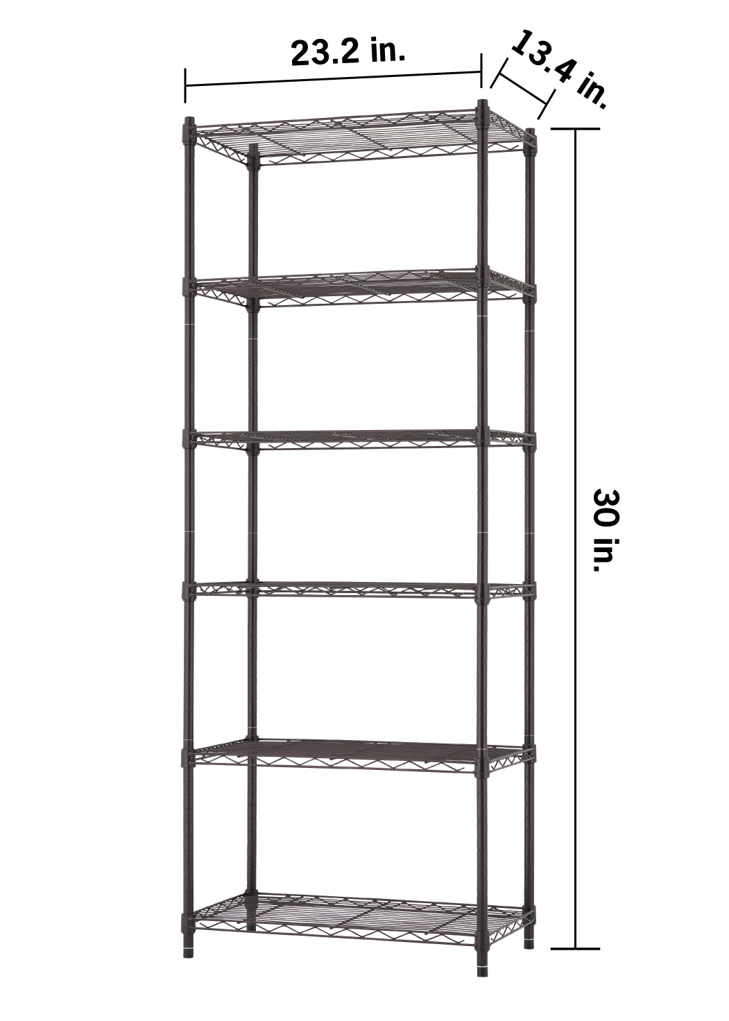 A six-tier wire shelving unit in a dark bronze finish is shown with its dimensions labeled in inches. The unit measures 23.2 in. wide, 13.4 in. deep, and 30 in. tall.