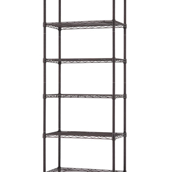 A full-length photo shows a five-tier metal wire shelving unit with a dark bronze finish. The unit is tall and narrow, featuring open wire mesh shelves supported by four vertical posts.