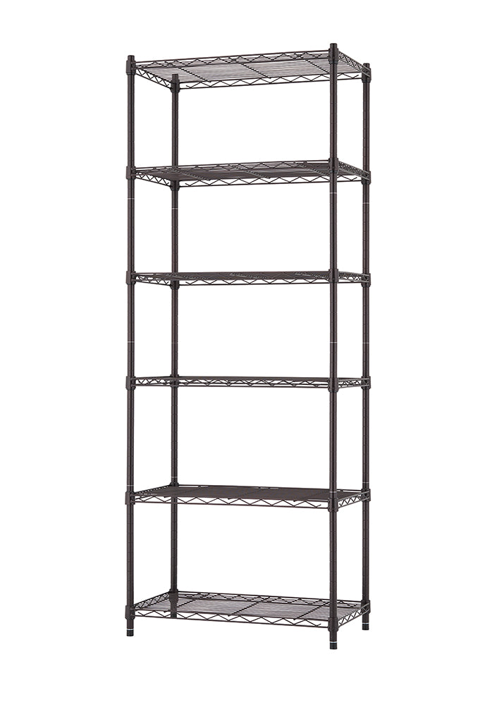 A full-length photo shows a five-tier metal wire shelving unit with a dark bronze finish. The unit is tall and narrow, featuring open wire mesh shelves supported by four vertical posts.