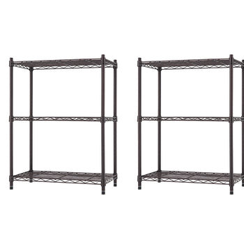 A photo shows a pair of metal wire shelving units. Each unit has three adjustable shelves and is designed for storage, such as in a kitchen, garage, or pantry.
