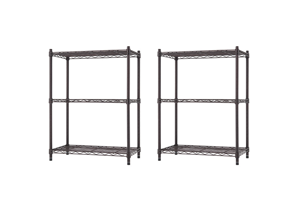 A photo shows a pair of metal wire shelving units. Each unit has three adjustable shelves and is designed for storage, such as in a kitchen, garage, or pantry.