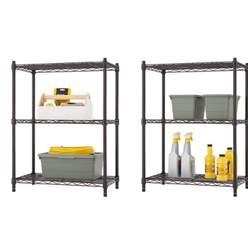A set of two dark bronze, three-tier wire shelving units are shown, fully assembled and loaded with various items. The shelves on the left unit hold a wooden toolbox and a large grey bin containing a yellow garden hose, while the shelves on the right unit are stocked with cleaning supplies and two grey storage tubs.