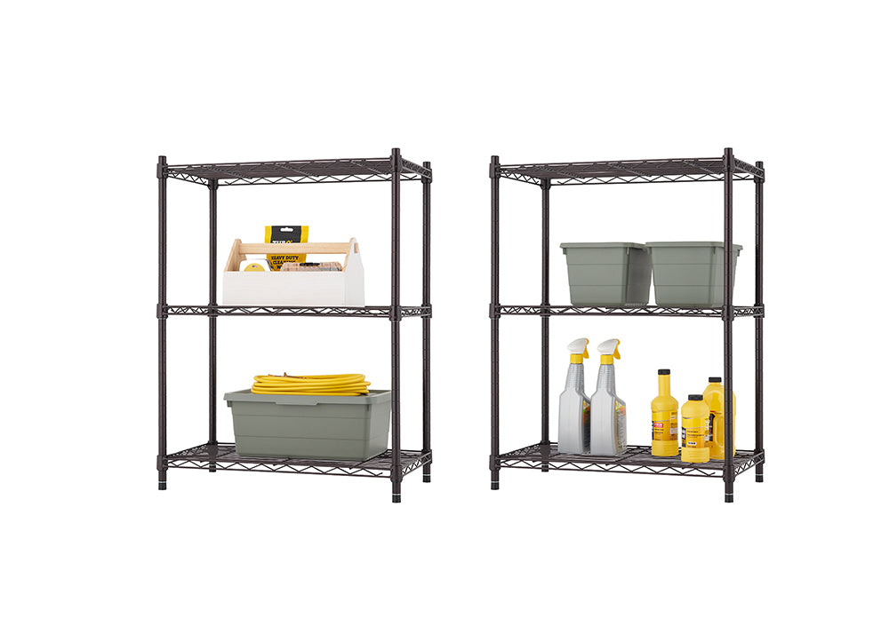 A set of two dark bronze, three-tier wire shelving units are shown, fully assembled and loaded with various items. The shelves on the left unit hold a wooden toolbox and a large grey bin containing a yellow garden hose, while the shelves on the right unit are stocked with cleaning supplies and two grey storage tubs.