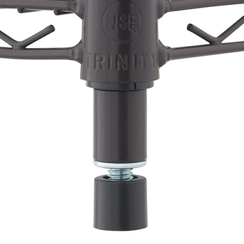 A close-up of a dark brown wire shelving unit shows a leveling foot screwed into the base of a vertical pole. The shelf connector has an NSF logo and the word 