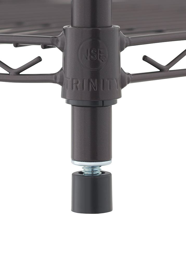 A close-up of a dark brown wire shelving unit shows a leveling foot screwed into the base of a vertical pole. The shelf connector has an NSF logo and the word "TRINITY" embossed on it.